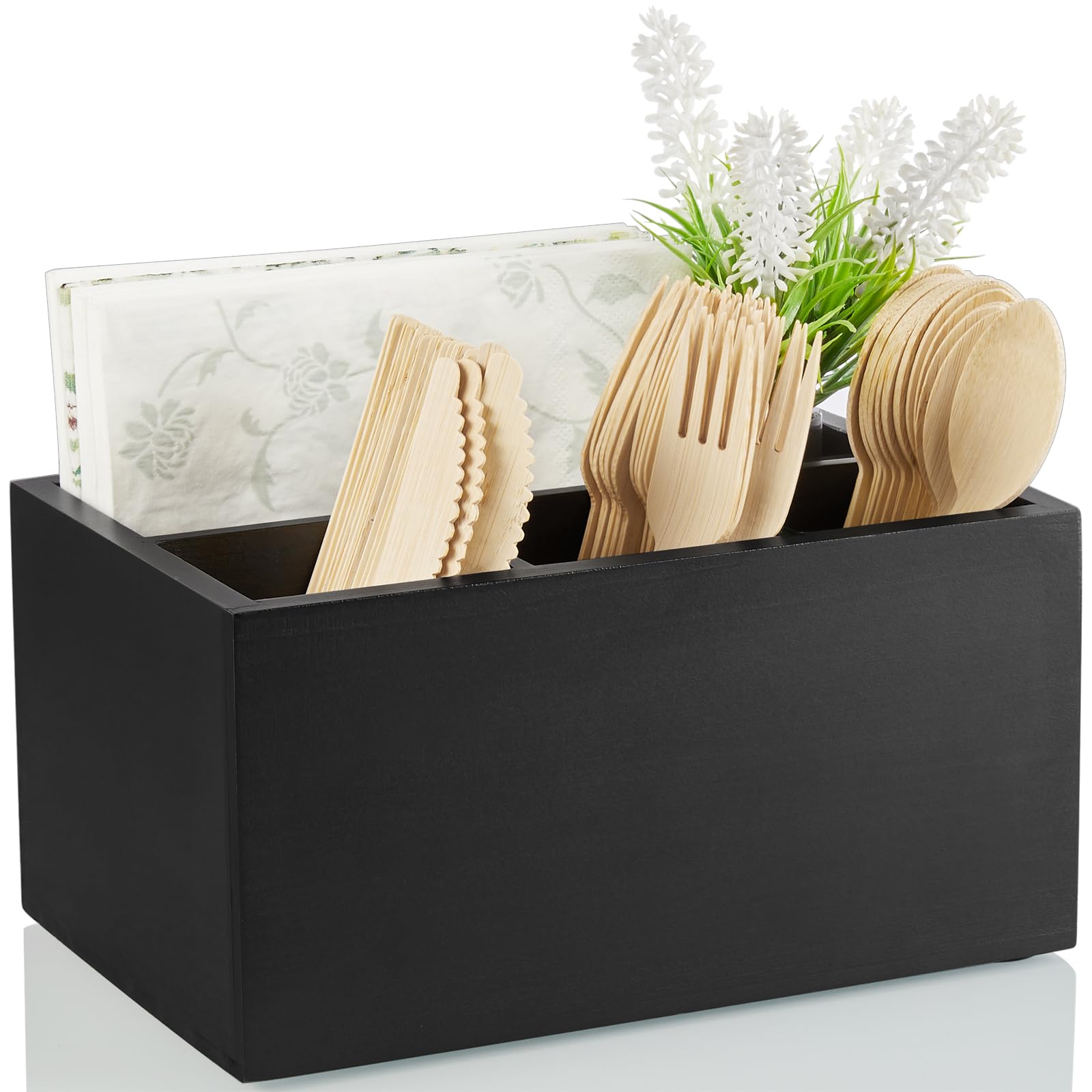 DRASTAR silverware caddy with wooden utensil holder showing 4-in-1 layout for easy organization.