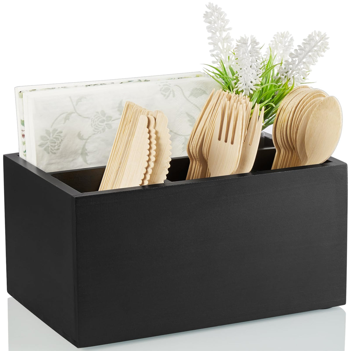 DRASTAR silverware caddy with wooden utensil holder showing 4-in-1 layout for easy organization.