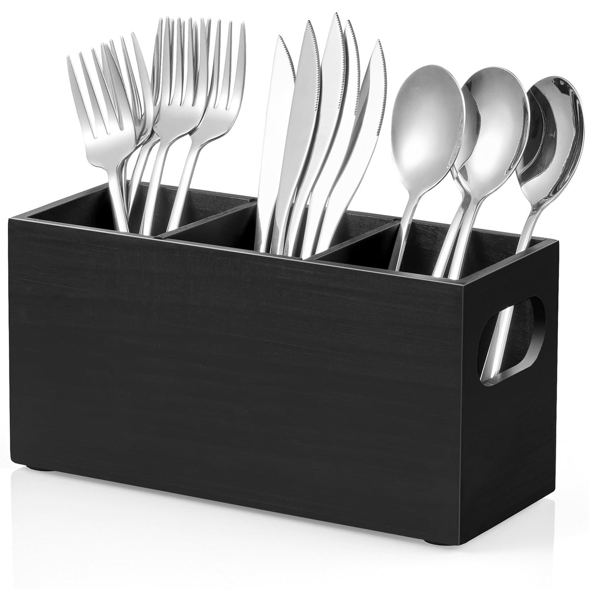 DRASTAR silverware holder with removable dividers keeps utensils organized on the counter.