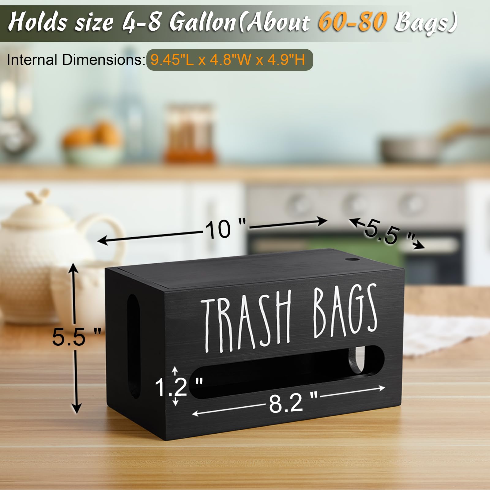 DRASTAR wooden-top trash bag holder displays bags neatly on a sturdy countertop.