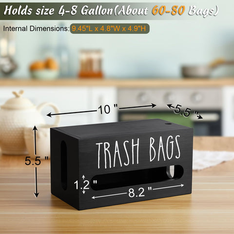 DRASTAR wooden-top trash bag holder displays bags neatly on a sturdy countertop.