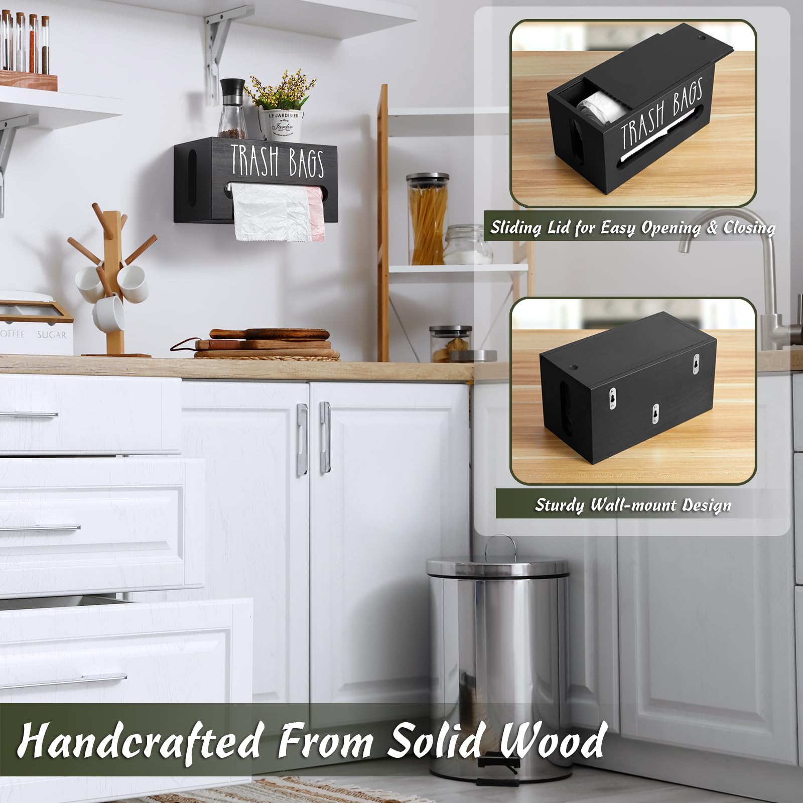 DRASTAR trash bag organizer on the countertop saves space.