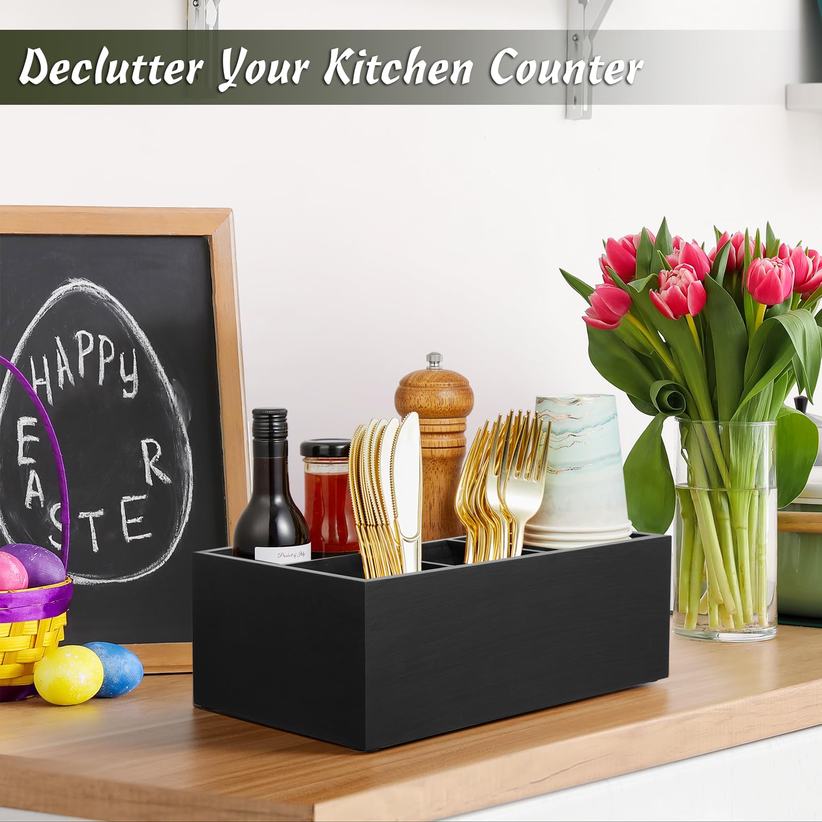 DRASTAR wooden caddy with soft feet protects surfaces on tabletops.