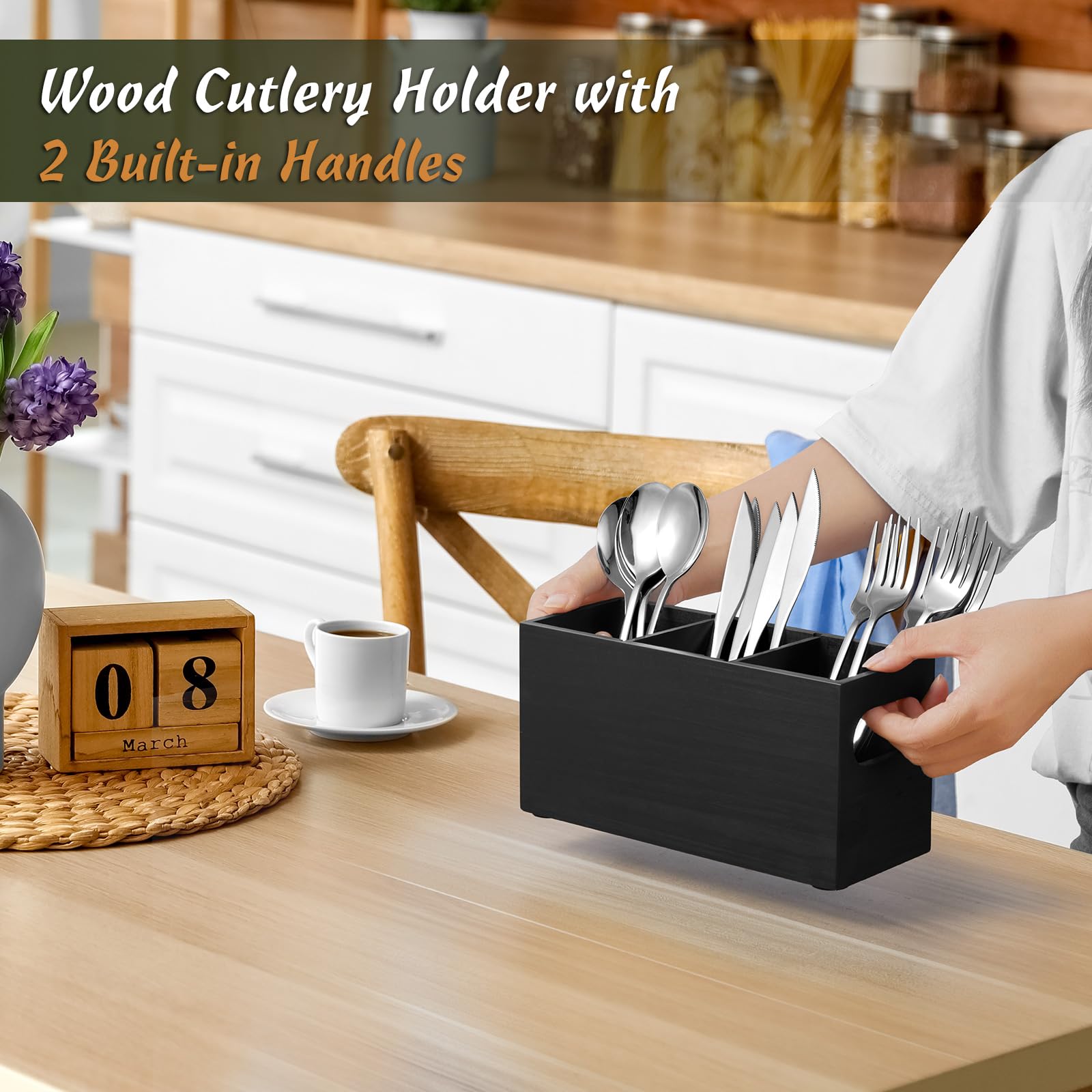 DRASTAR wooden utensil caddy with built-in handles for easy transport.