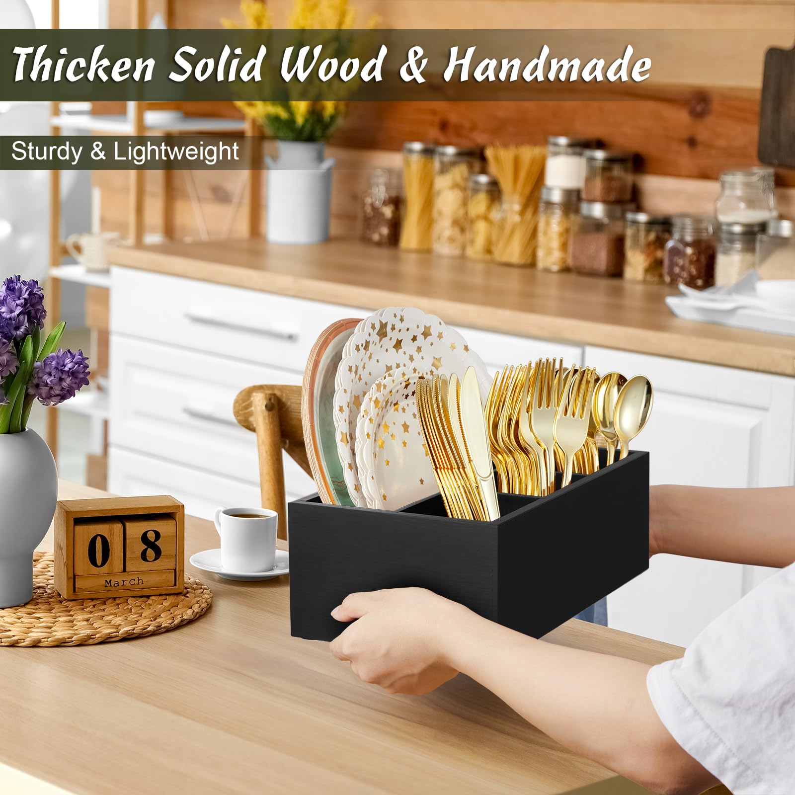 DRASTAR wooden utensil caddy shows a 4-in-1 design for organized cutlery.