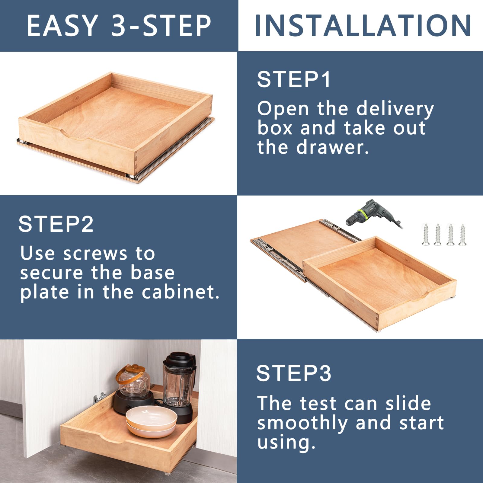 Draworia cabinet rail with simple one-step installation process.
