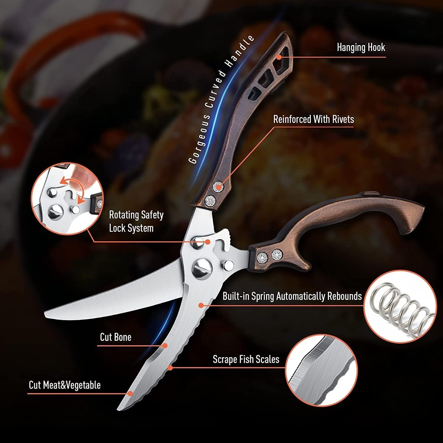 Dream Reach poultry shears ergonomic seahorse-arc handle for comfort.