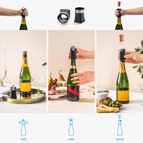 Dreamfarm Champop cork popping action shows a dramatic indoor or outdoor moment