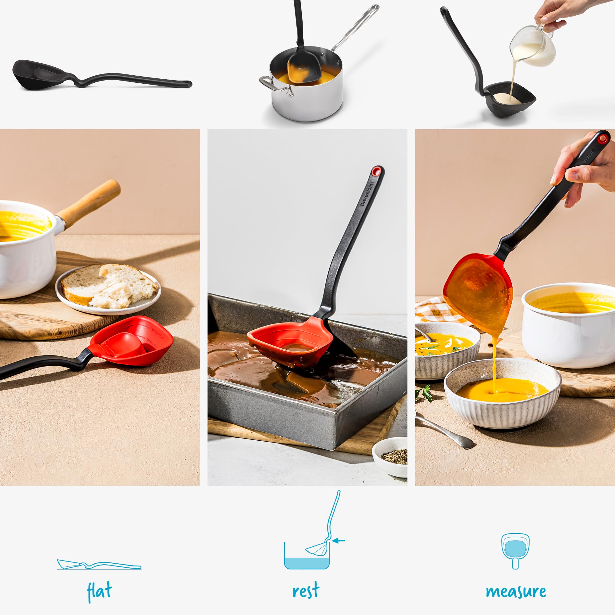 Dreamfarm Fladle quarter-cup markings aid precise measurement.