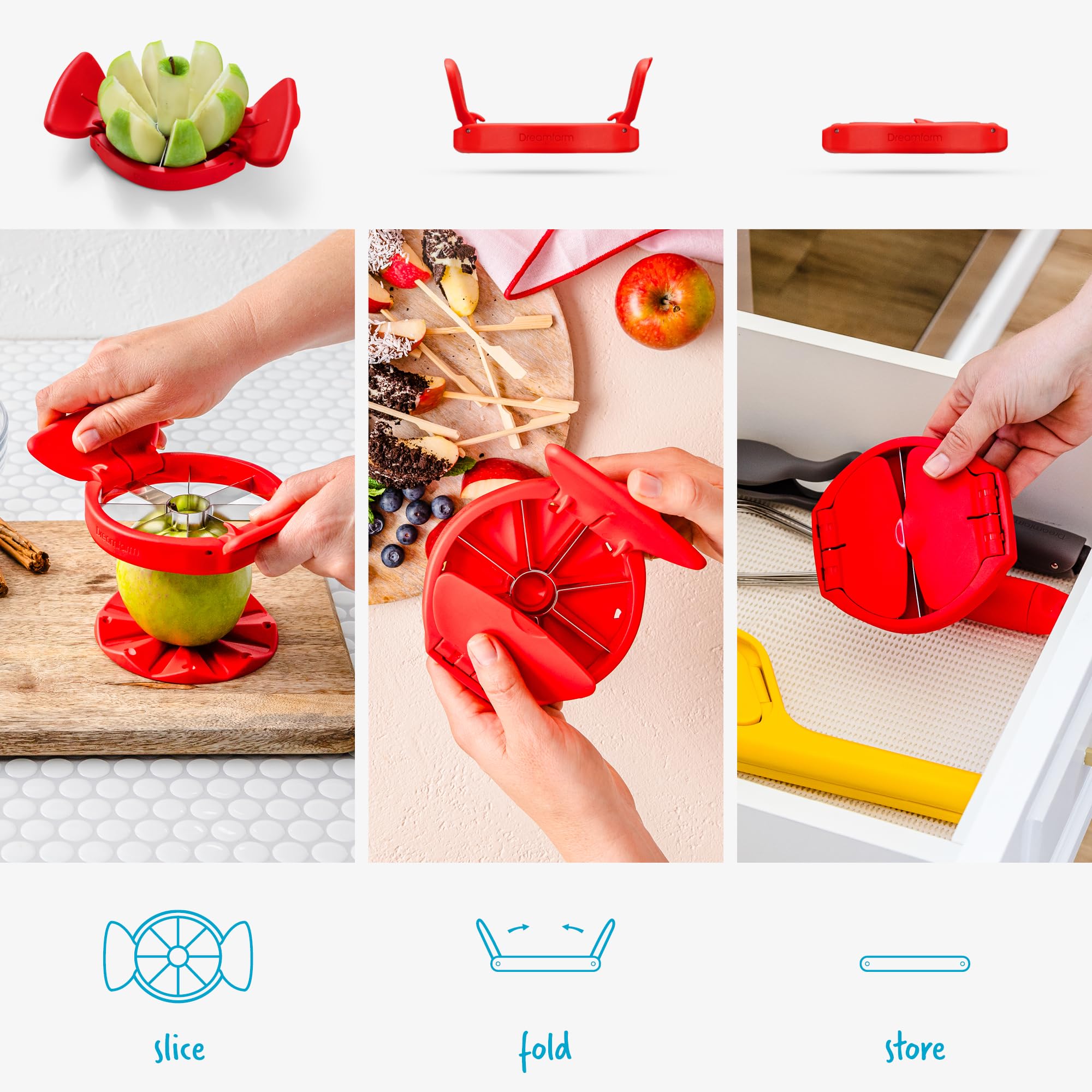 Dreamfarm Flapple locking handle emphasizes secure fold-flat storage.