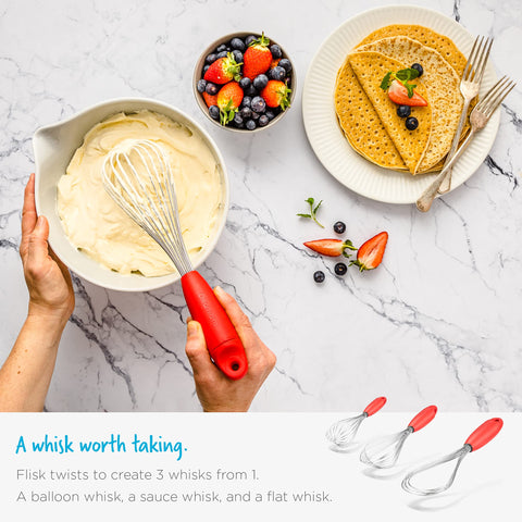 Dreamfarm Flisk sauce whisk in action emulsifying shallow liquids