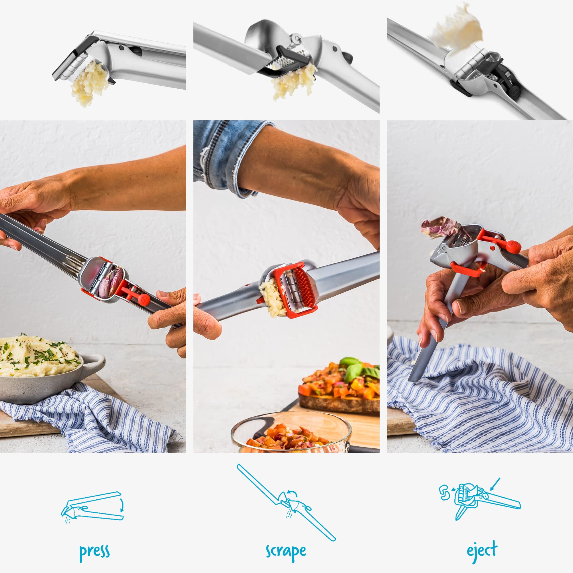 Dreamfarm Garject press action showing effortless garlic mincing.