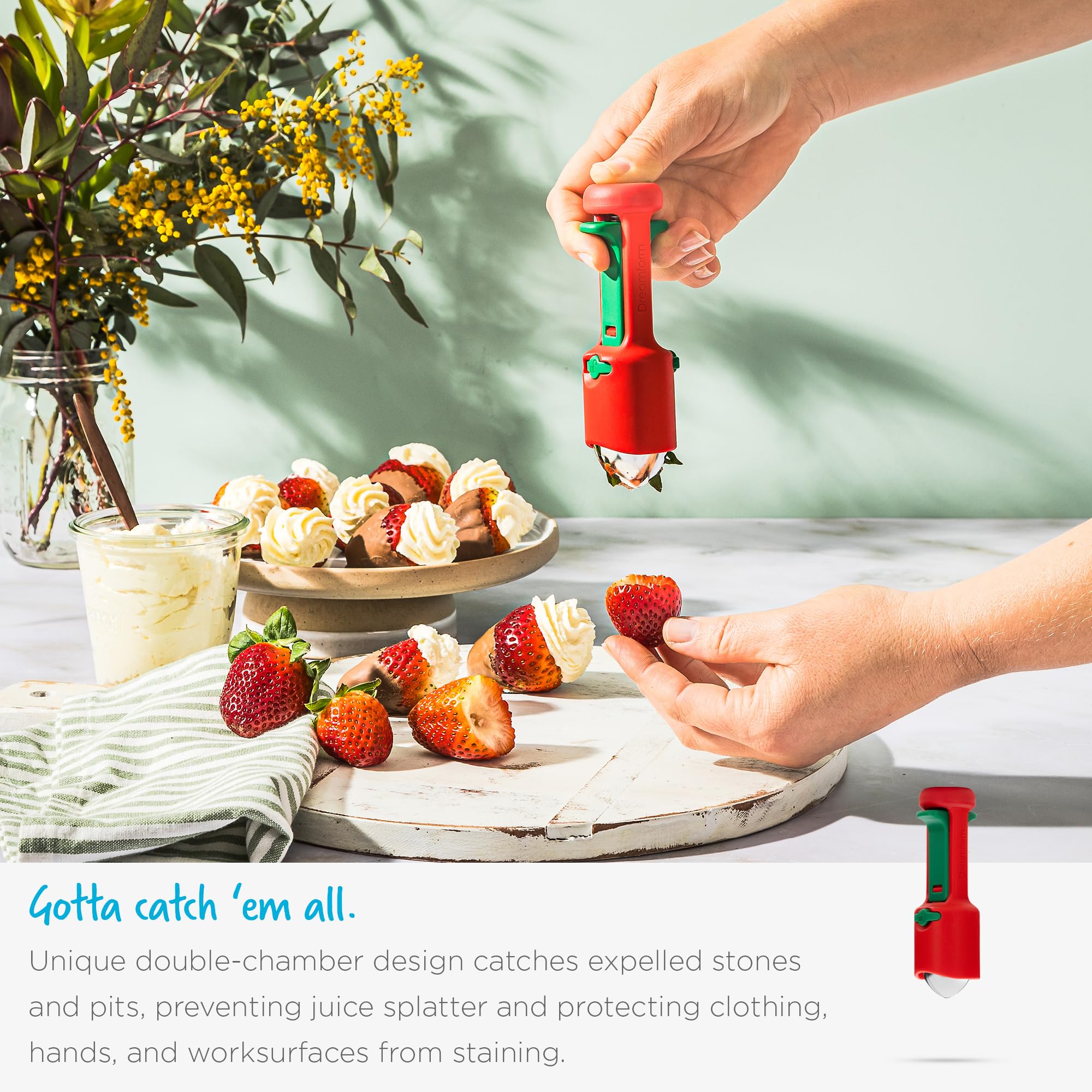 Dreamfarm Hullapit compact design fits in small kitchens for easy use.
