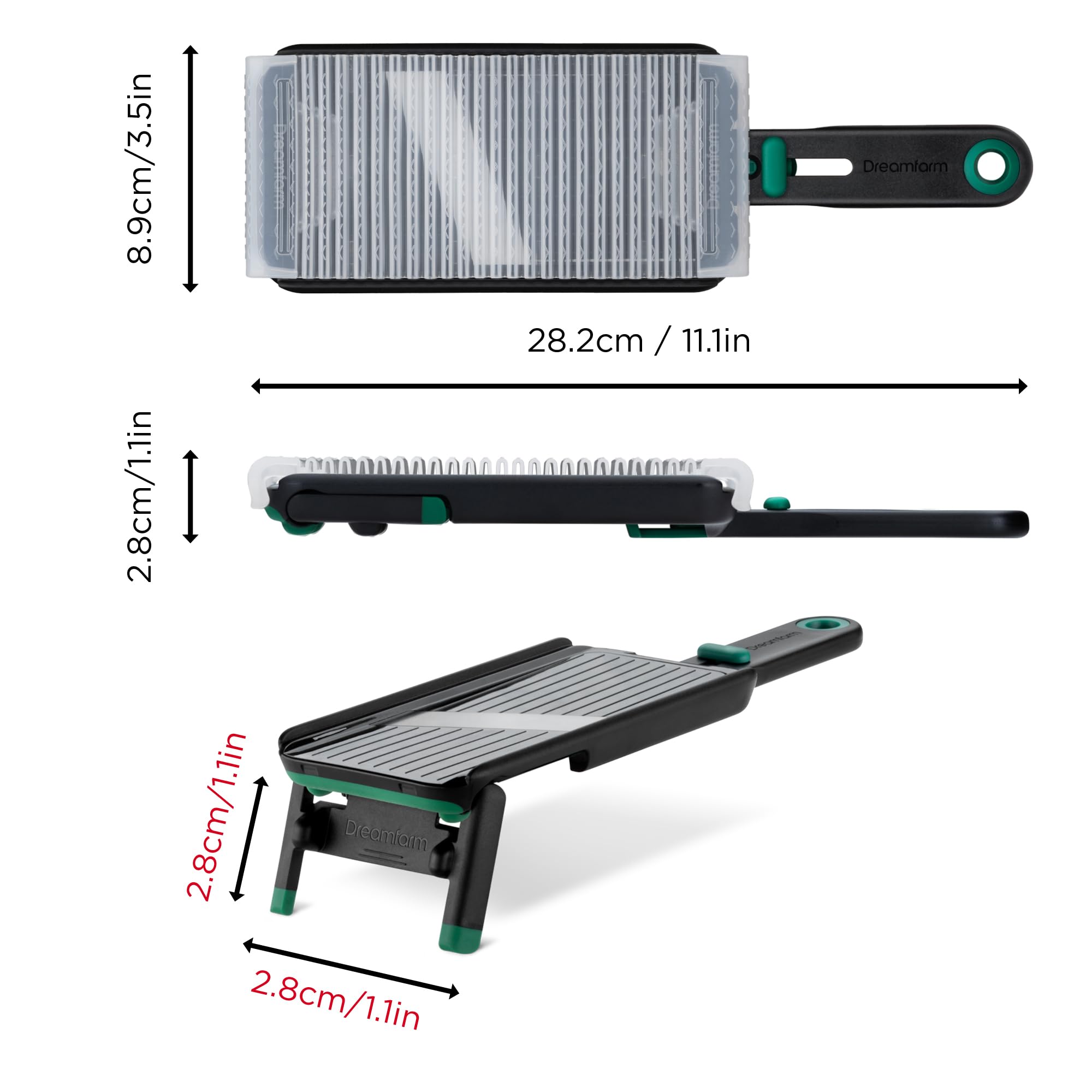 Dreamfarm Nocutu blade close-up shows sharp Japanese stainless steel for precise slices.