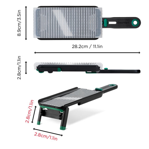 Dreamfarm Nocutu blade close-up shows sharp Japanese stainless steel for precise slices.