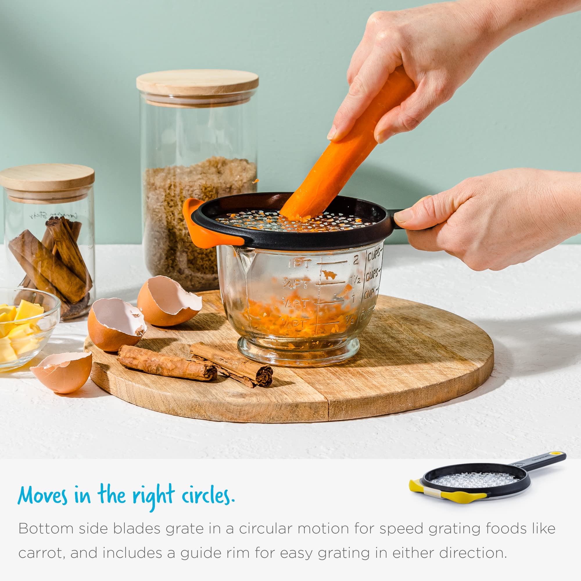Dreamfarm Ograte bowl-edge hook secures to bowls for hands-free use.