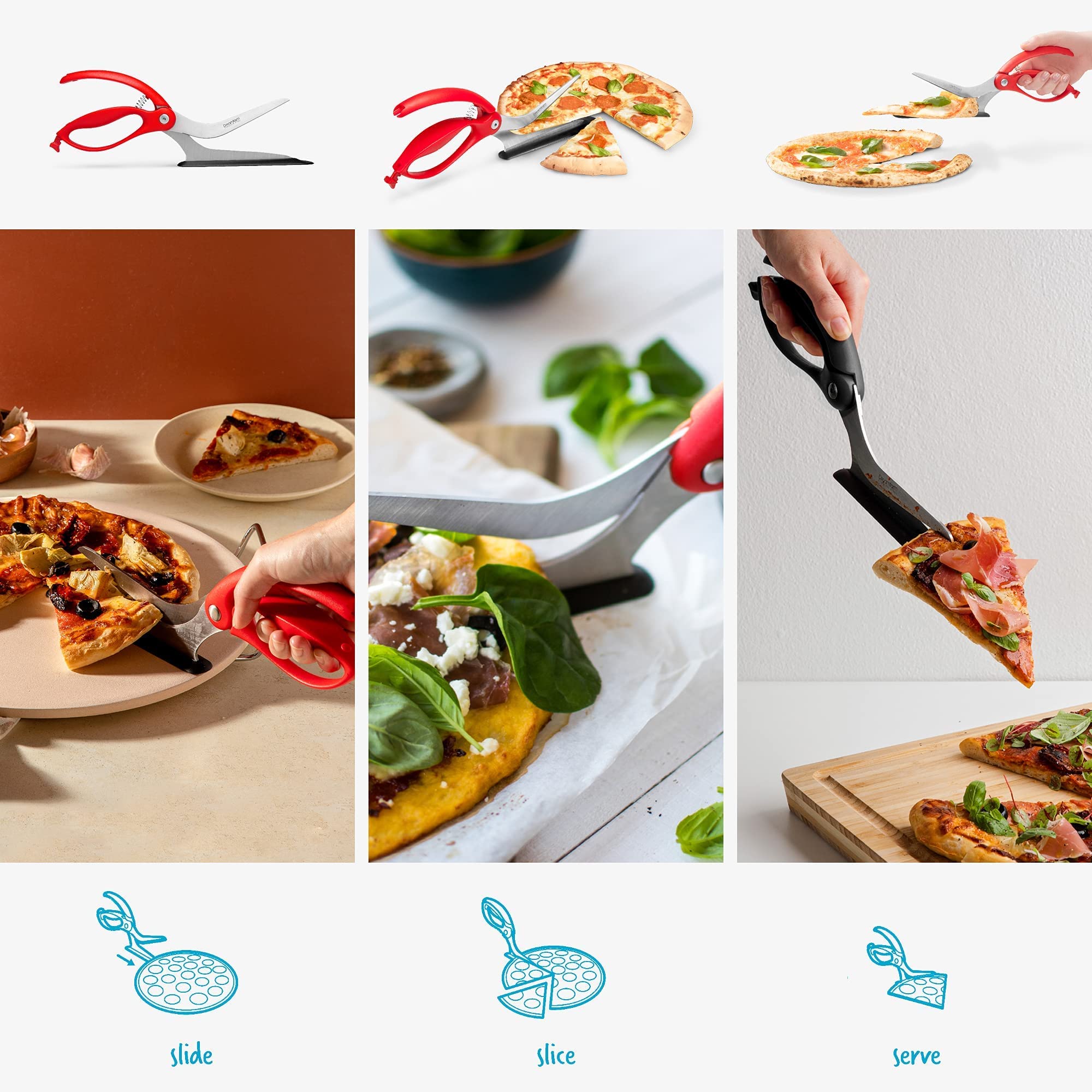 Dreamfarm Scizza blades cutting thick crusts with ease