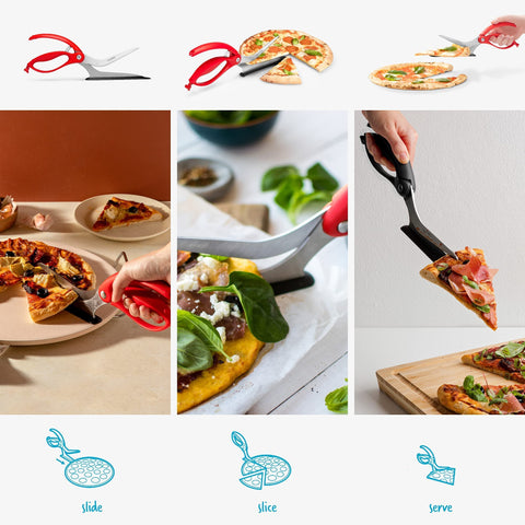Dreamfarm Scizza blades cutting thick crusts with ease