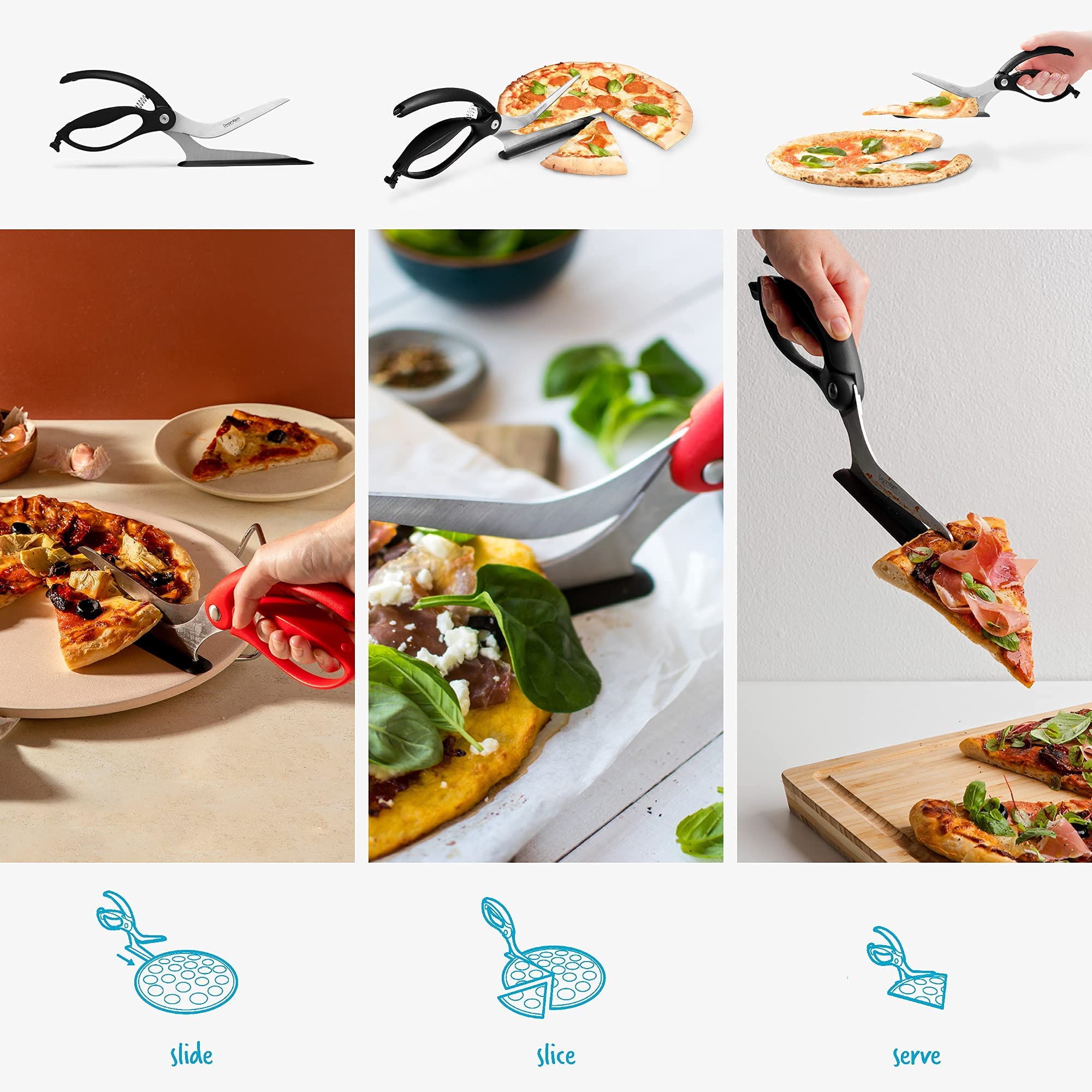 Dreamfarm Scizza spatula shoe slides under pizza for pan protection
