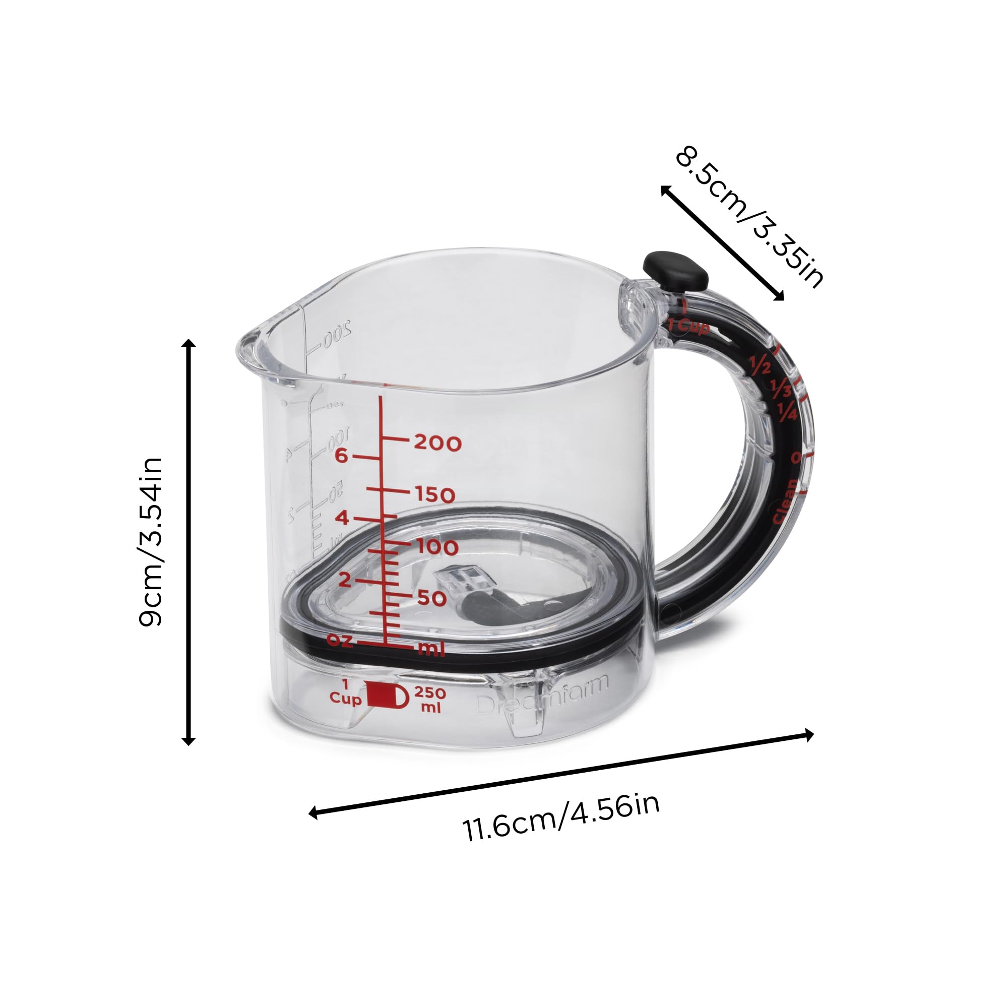 Dreamfarm Upcup showing water-tight seal around adjustable base for clean transfer