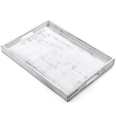 DreamKey 17 inch rustic white serving tray with handles, ideal for easy serving.