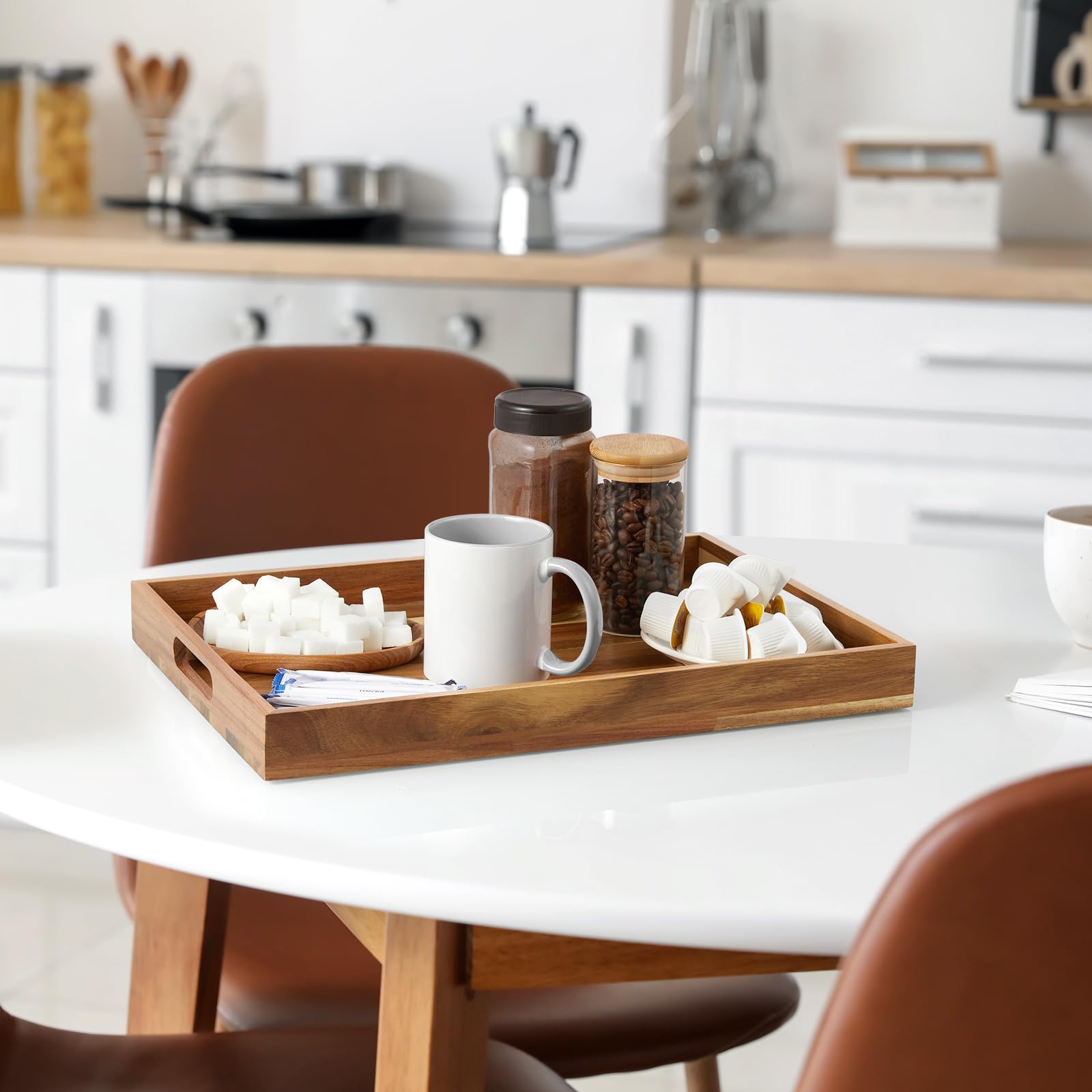DreamKey acacia tray with protective pads guards furniture against scratches.
