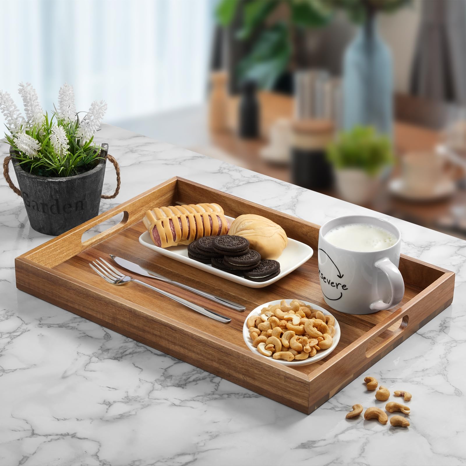 DreamKey acacia wood serving tray, top view, shows sturdy craftsmanship.