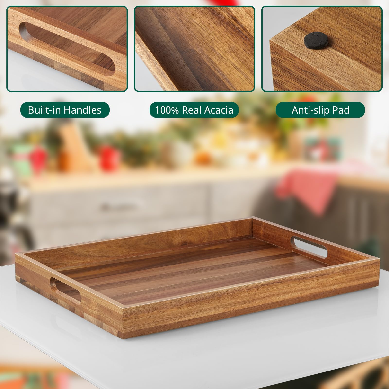 DreamKey ottoman tray on a coffee table for organized drinks and remotes.