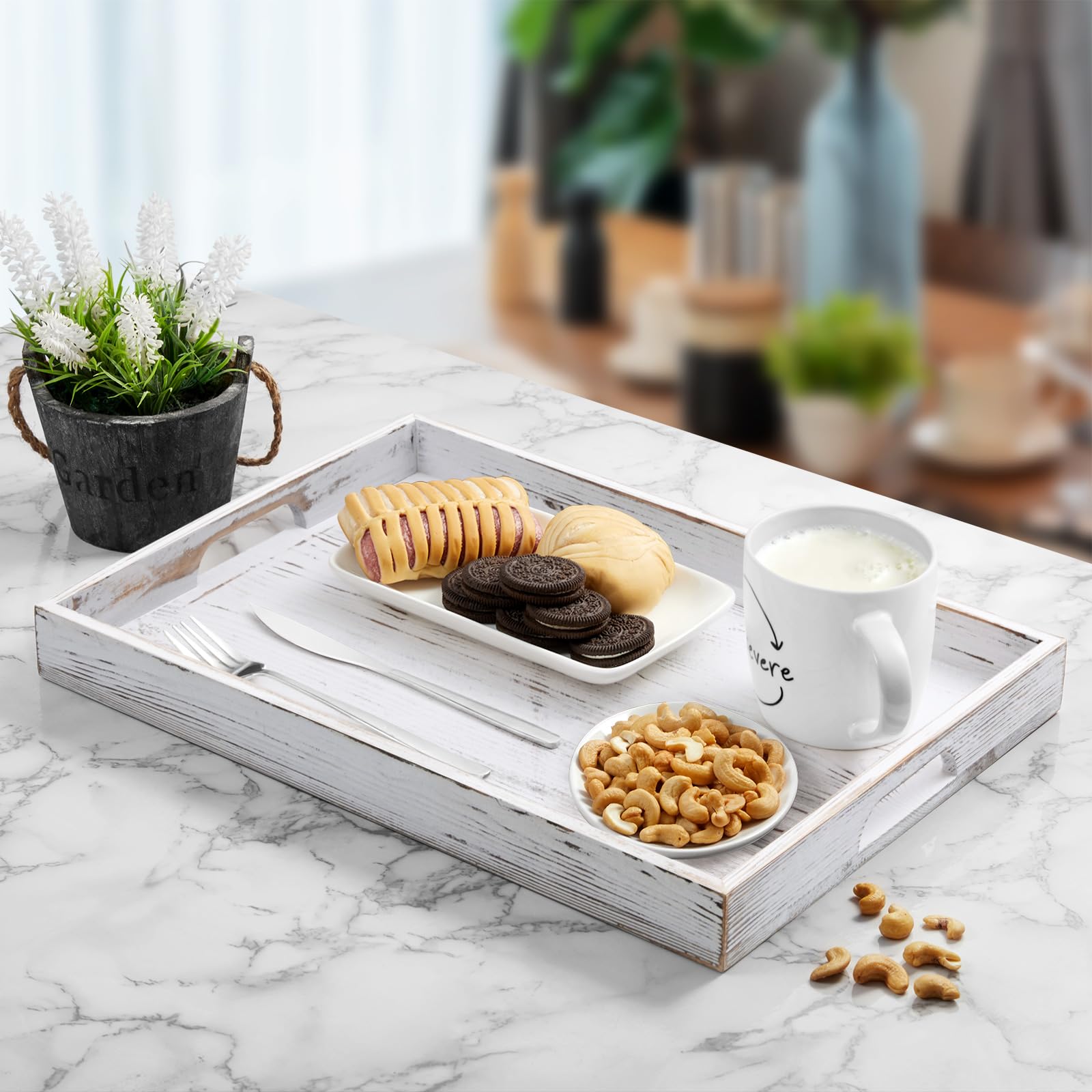 DreamKey rustic white tray used for dinner service on the coffee table.