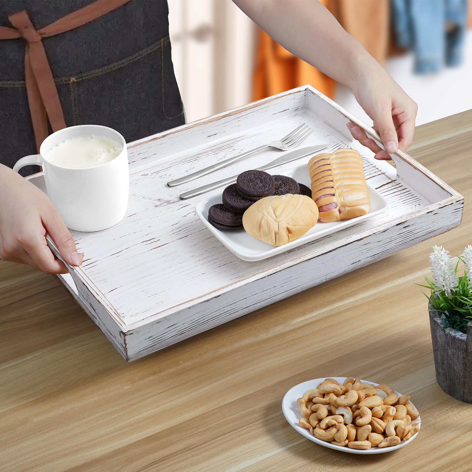 DreamKey rustic white tray on an ottoman, perfect for breakfast in bed.
