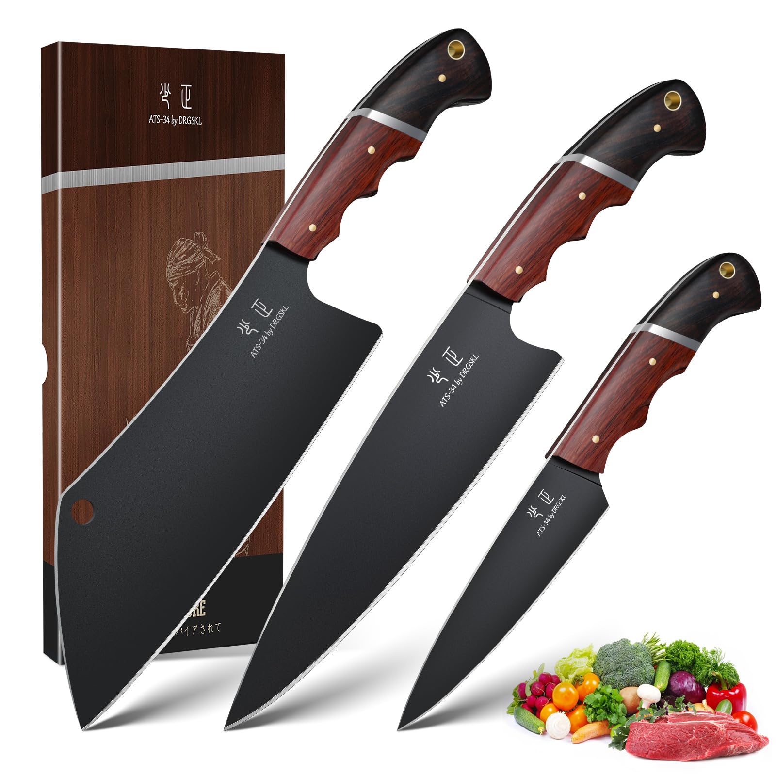 DRGSKL Japanese Chef Knife Set 3pcs full-tang blade ready for precise slicing.