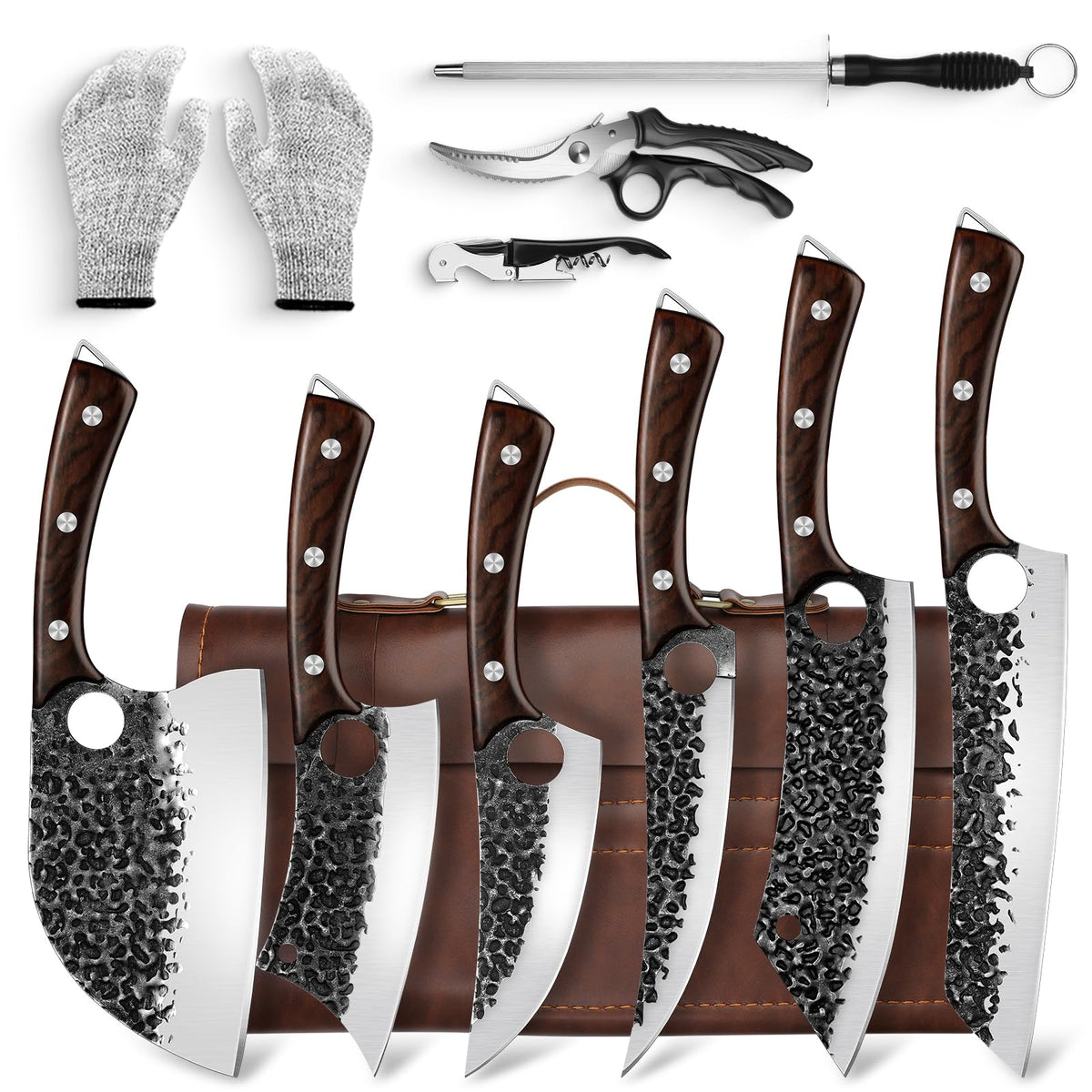 DRGSKL Serbian chef knife set with leather pouch for portable professional prep.