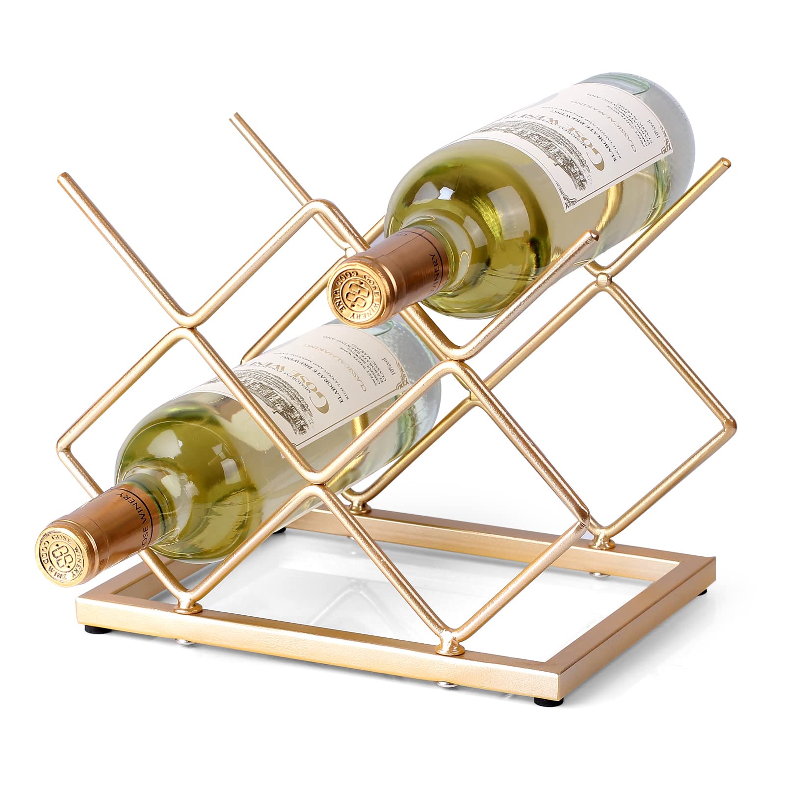 Drincarier gold countertop wine rack with five bottle slots for easy kitchen display.