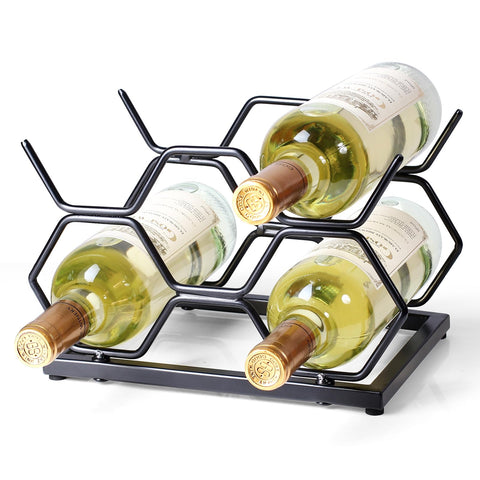 Drincarier countertop wine rack displays five bottles with modern gold design.