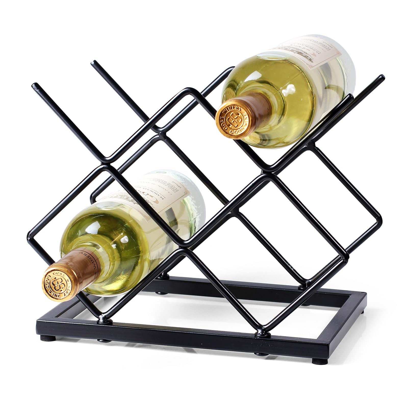 Drincarier countertop wine rack holds five standard bottles on a gold finish