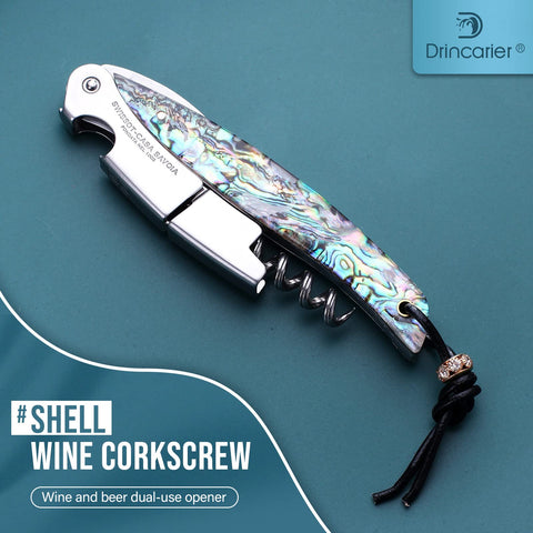 Drincarier dual-hinge fulcrum corkscrew enables effortless cork removal at table.
