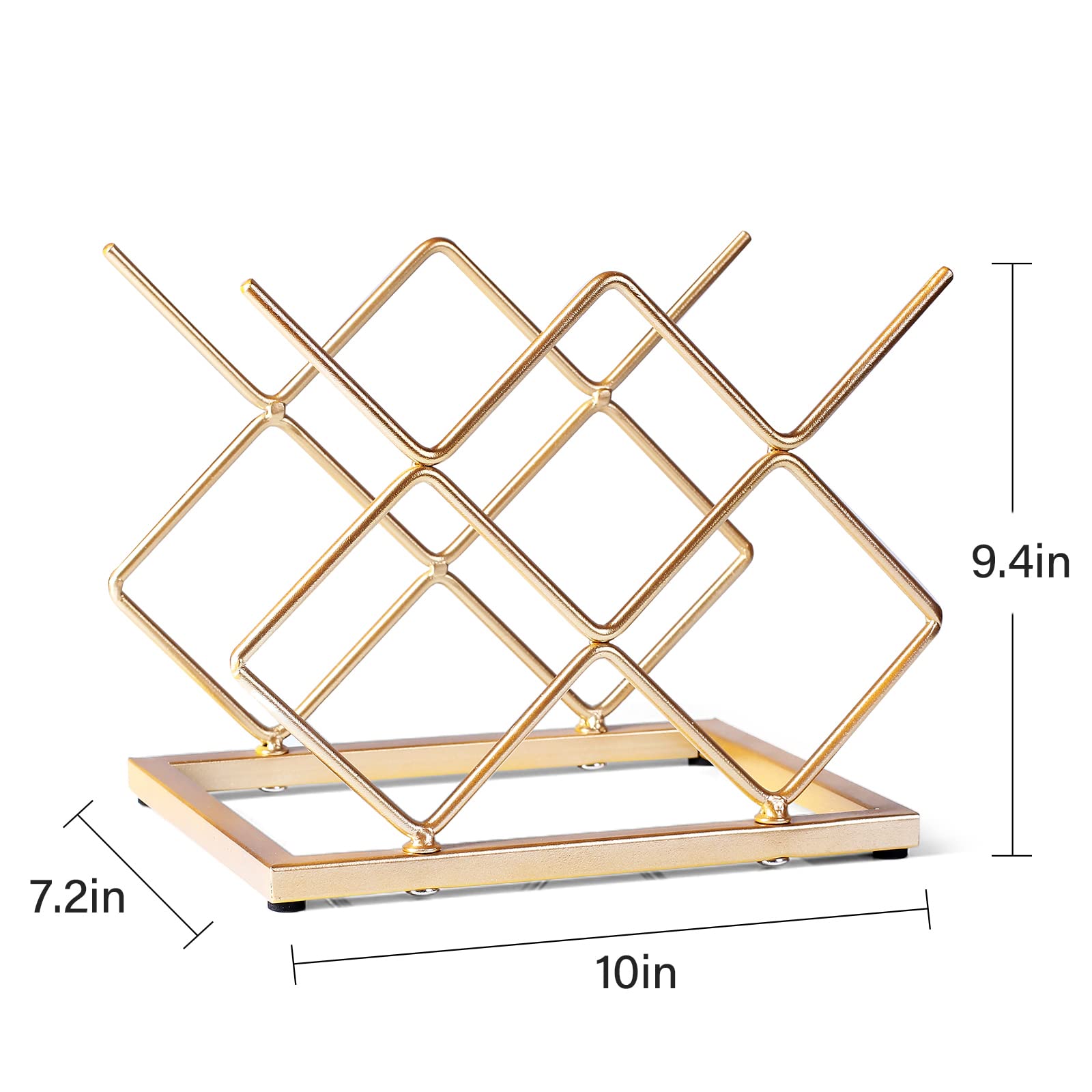 Drincarier gold metal wine rack on a tabletop offers elegant storage.