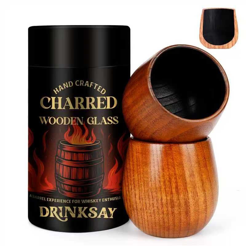 DrinkSay charred wooden bourbon glass highlights oak aroma for a refined old-fashioned experience.