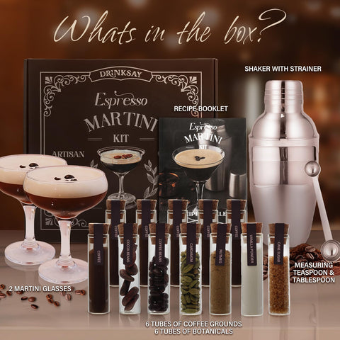 DrinkSay Espresso Martini Kit glasses for elegant cocktail presentation
