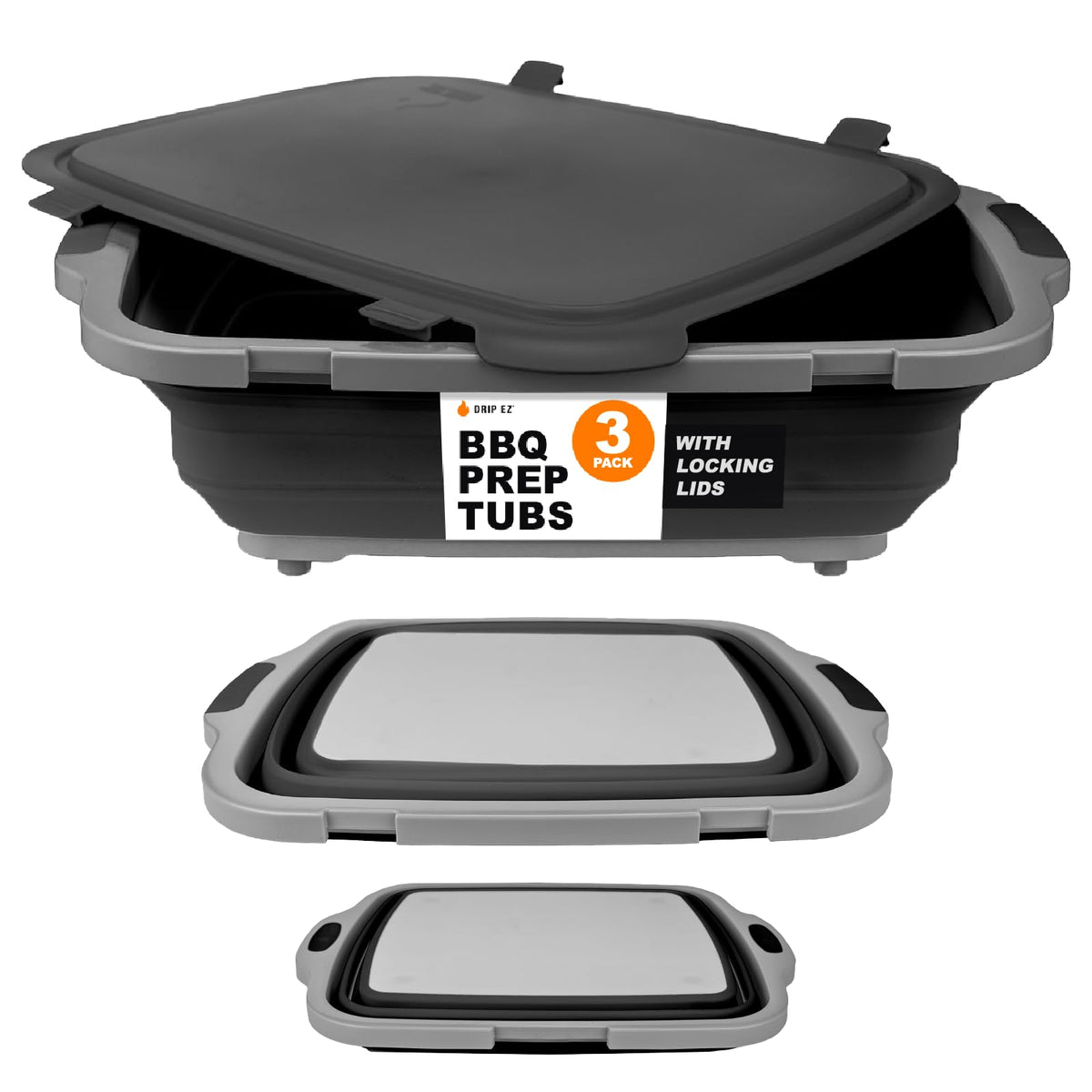 Drip EZ collapsible BBQ prep tubs with cutting board and lid for organized meal prep