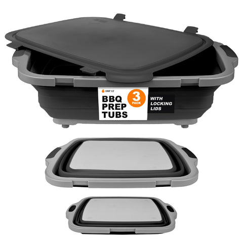 Drip EZ collapsible BBQ prep tubs with cutting board and lid for organized meal prep