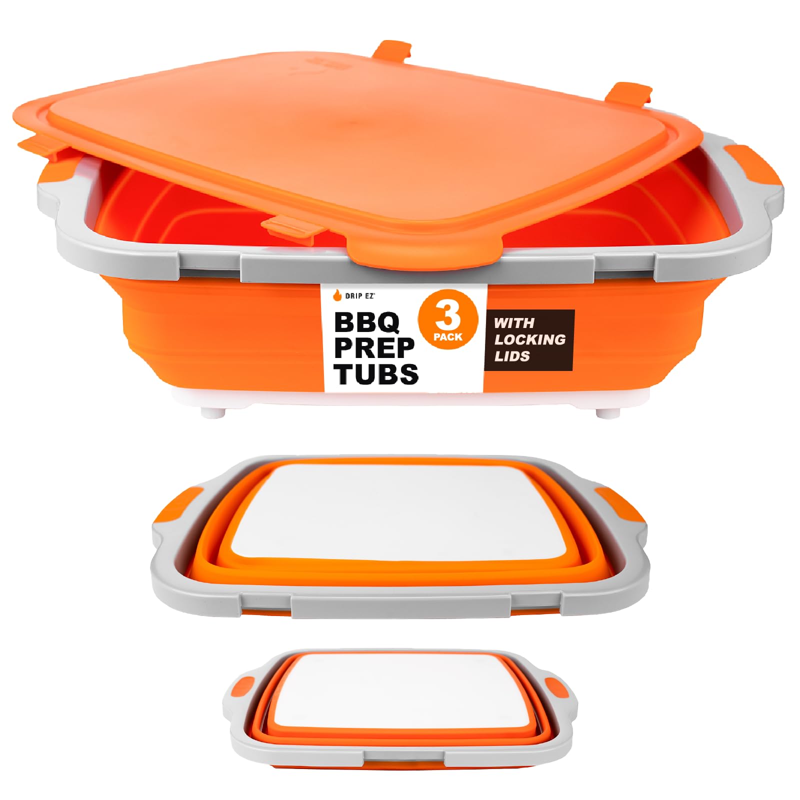 Drip EZ collapsible prep tub with cutting board and lid for mess-free meal prep.