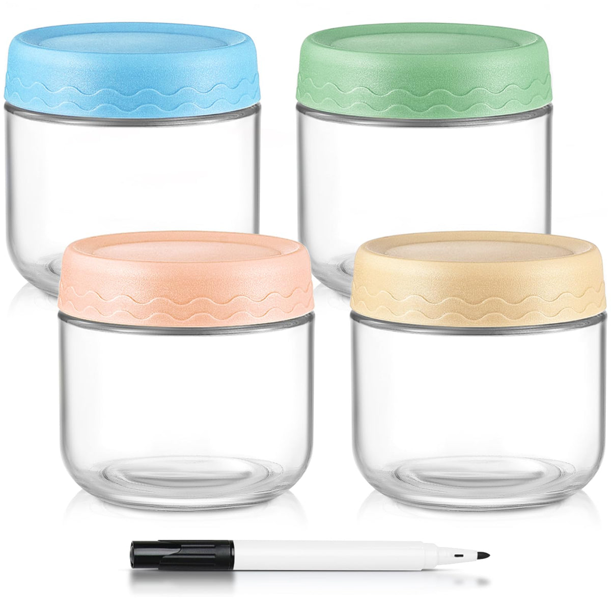 DRKIO 10oz overnight oats jars show clear glass and organized jar setup for easy meal prep.