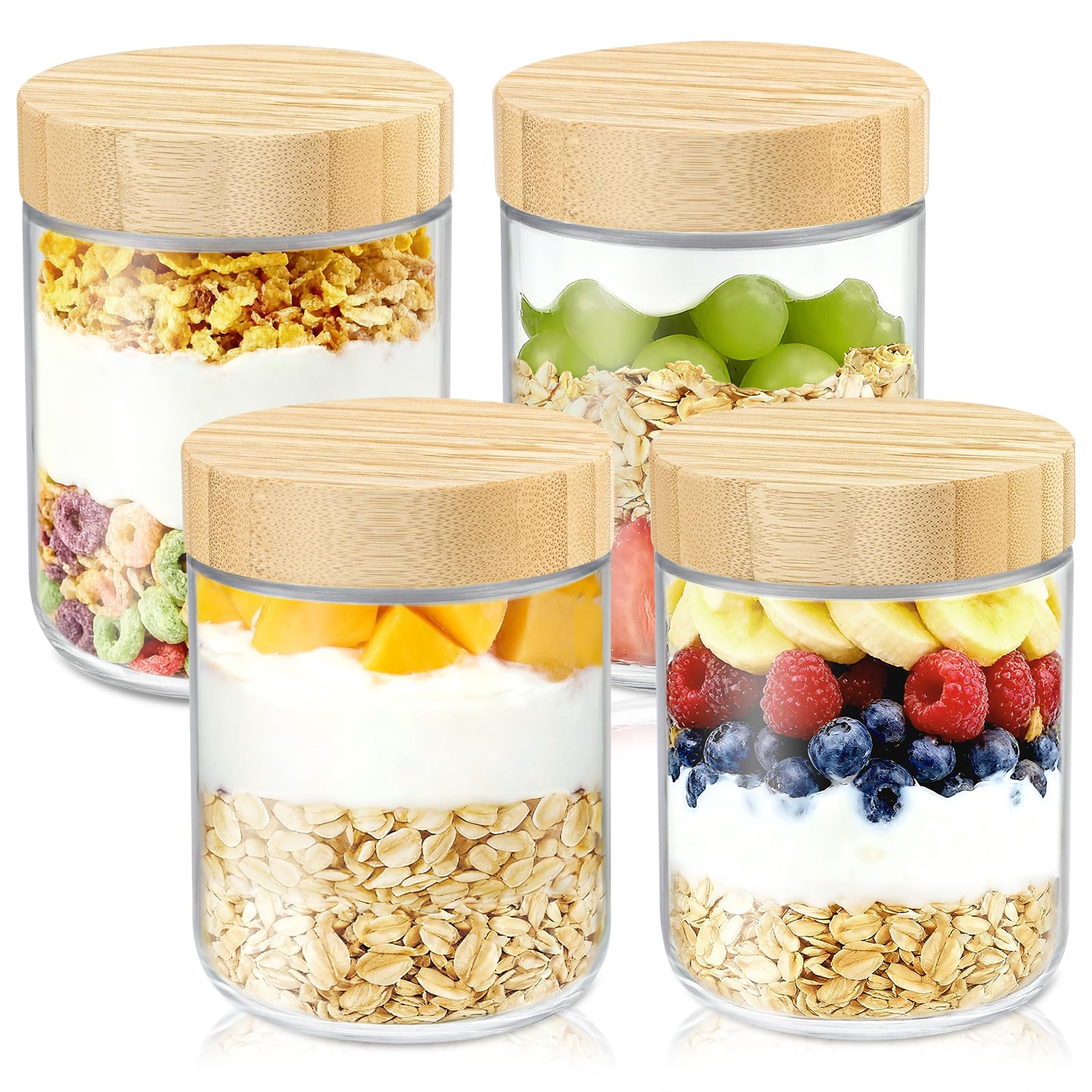 DRKIO 16oz jar with bamboo lid, open, perfect for overnight oats preparation.