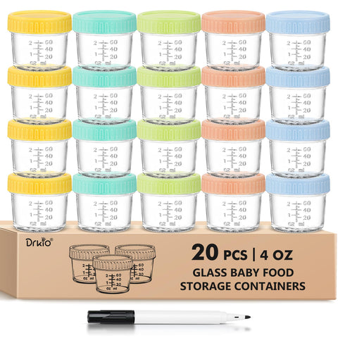 DRKIO 20-pack glass baby food containers with 4oz capacity for organized meal prep.