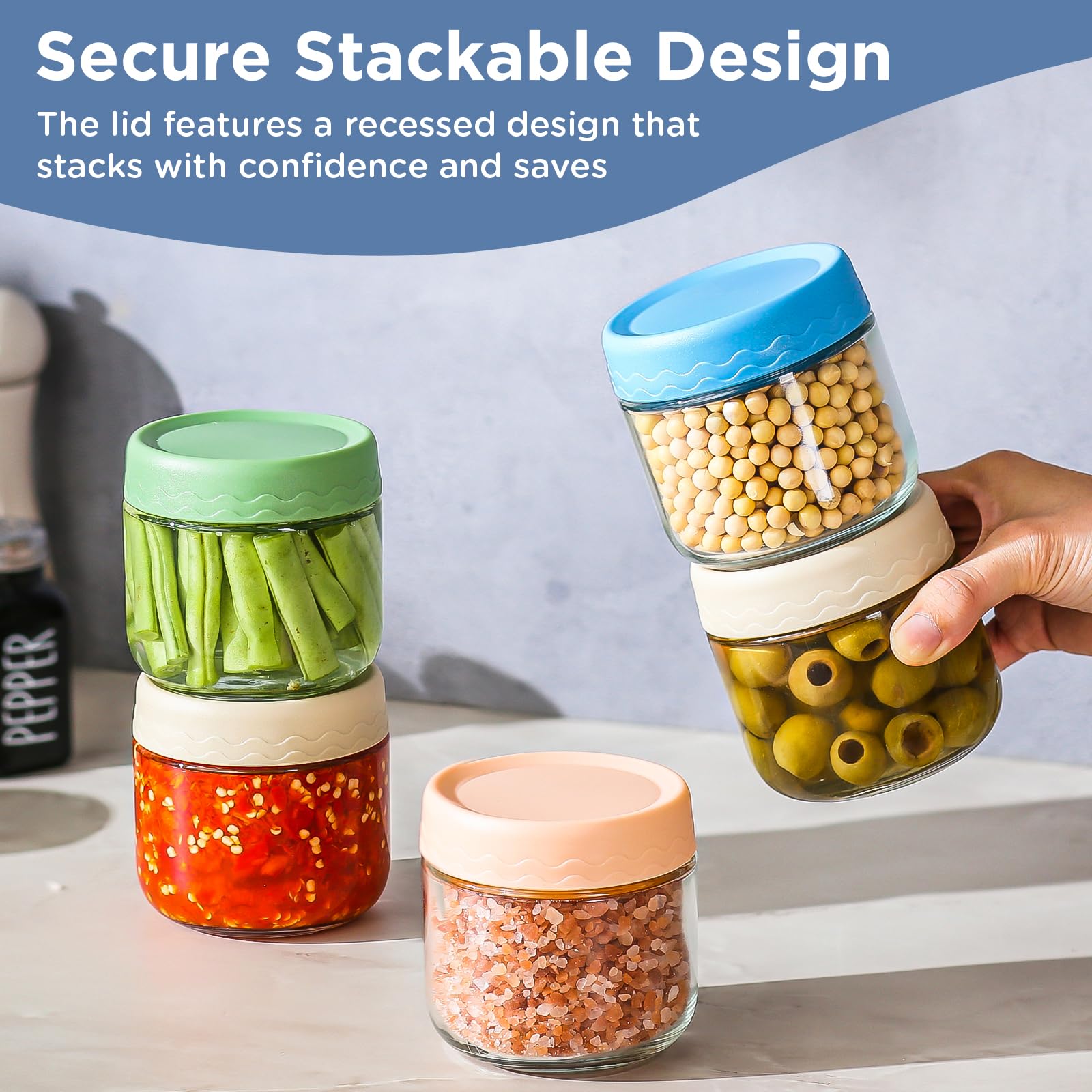 DRKIO wide-mouth jars for easy filling and cleaning, ideal for jams and sauces.