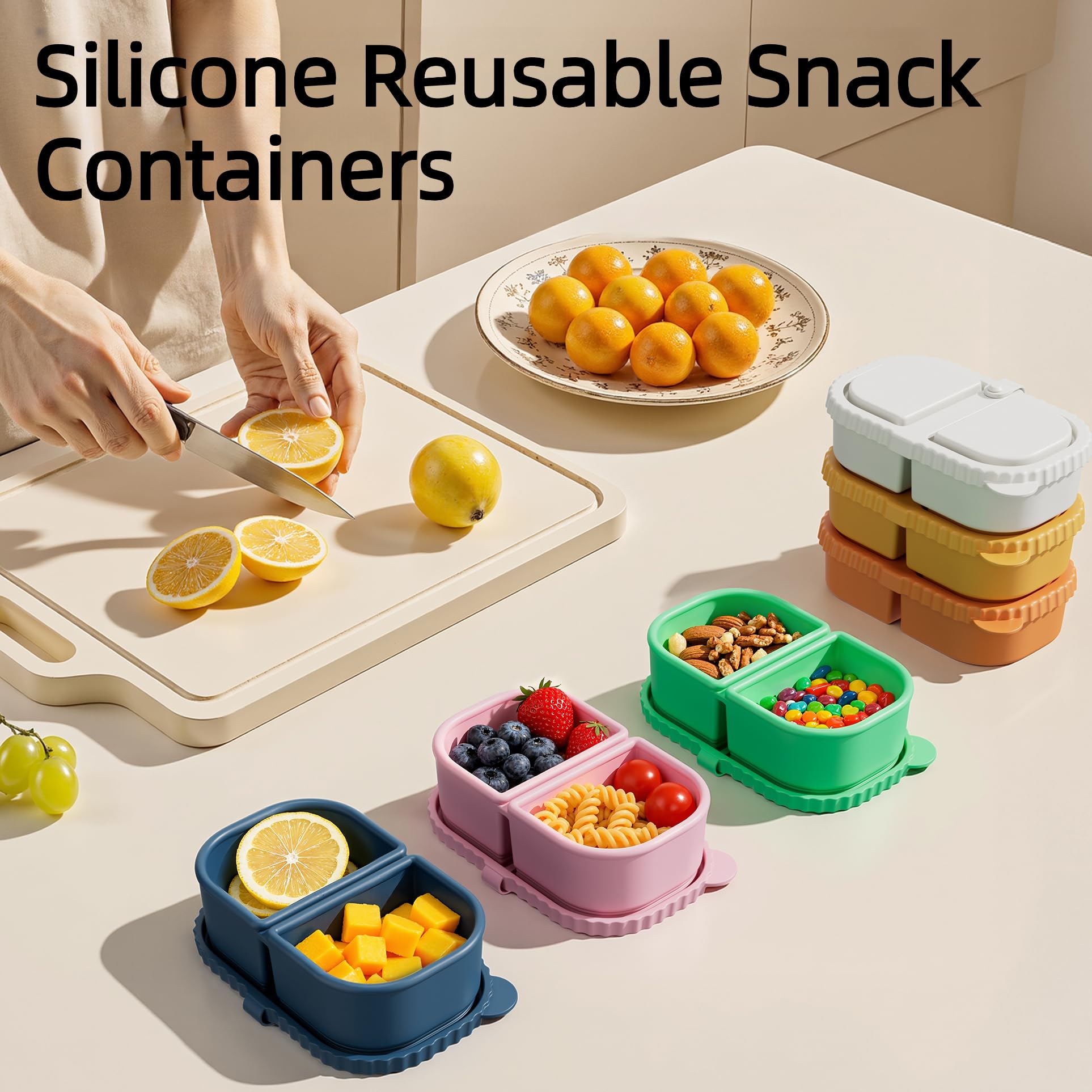 DRNKNSTX pink two-compartment silicone snack container ready for lunch