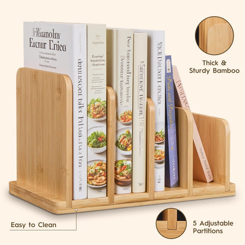 DRXX FEXE adjustable dividers reconfigure to fit cookbooks, tablets, and spices.