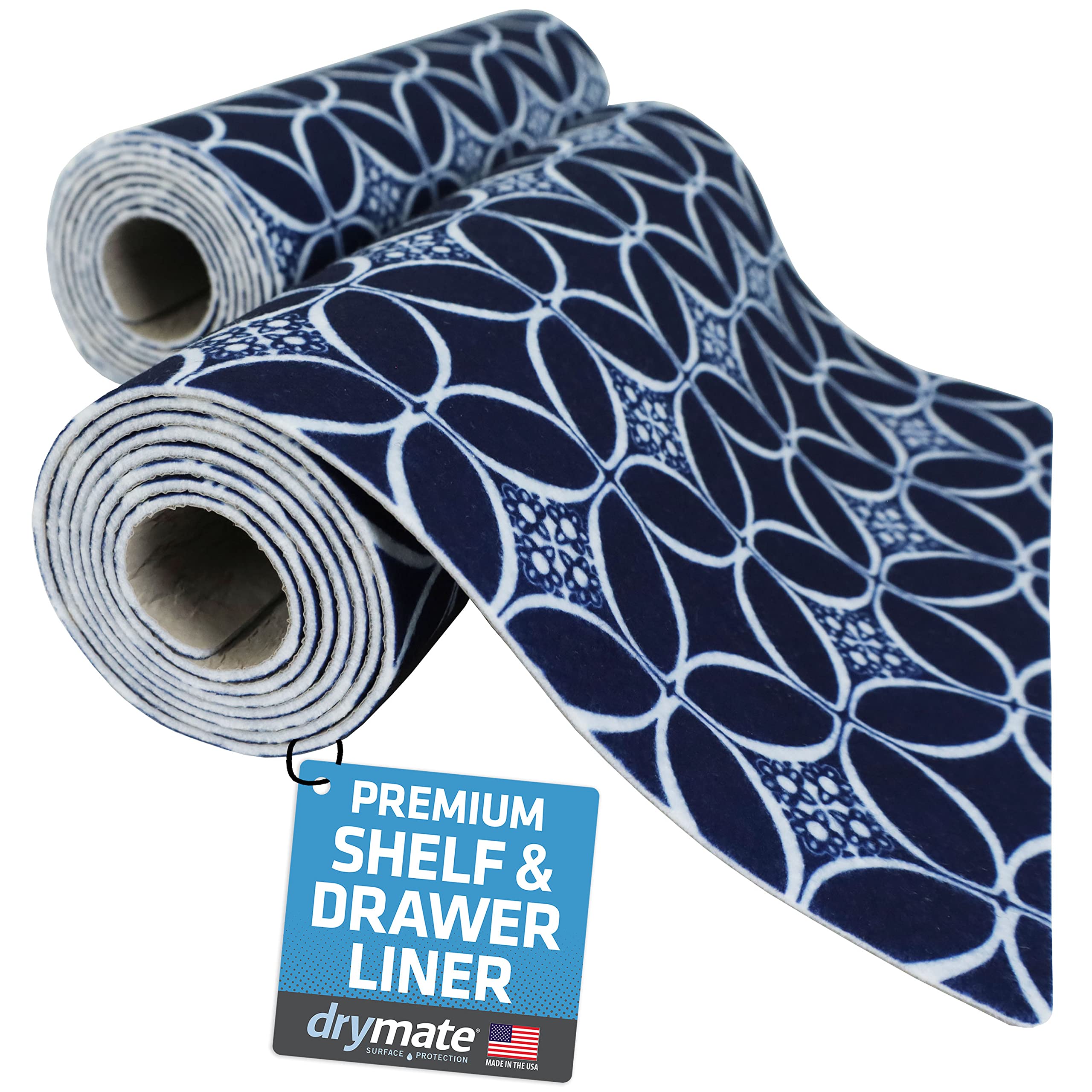 Drymate Indigo shelf liner 12x59 snugly fits shelves to protect from spills.