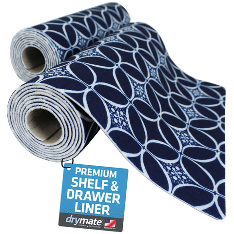 Drymate Indigo shelf liner 12x59 snugly fits shelves to protect from spills.